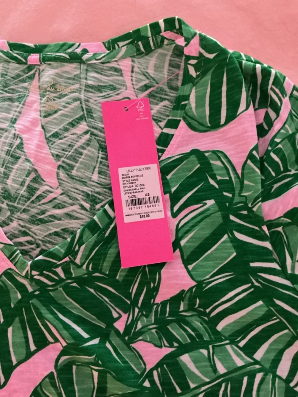 Lilly Pulitzer Etta t shirt let’s go bananas Banana Leaf Print Tee on Pink XS - Picture 3 of 4